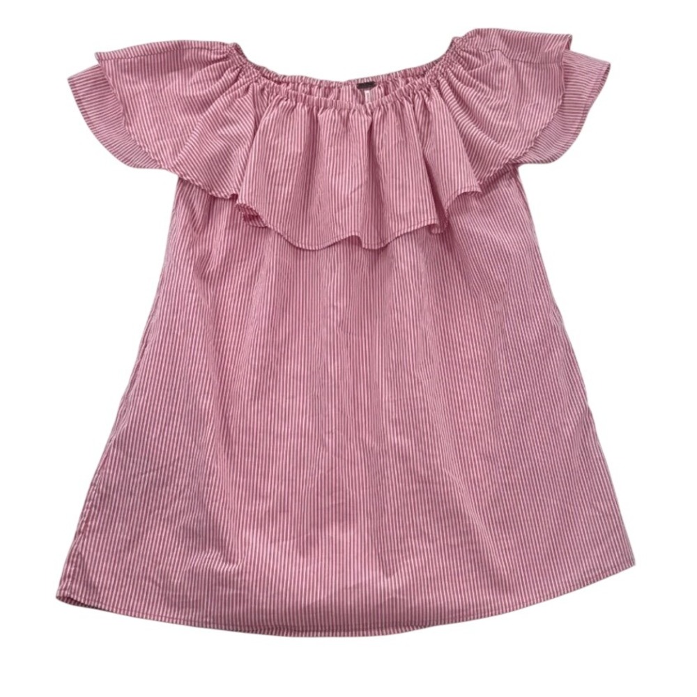 Poof Pink Stripe Off Shoulder‎ Tunic Dress Ruffle Neck Boho Pockets Size Sz Med